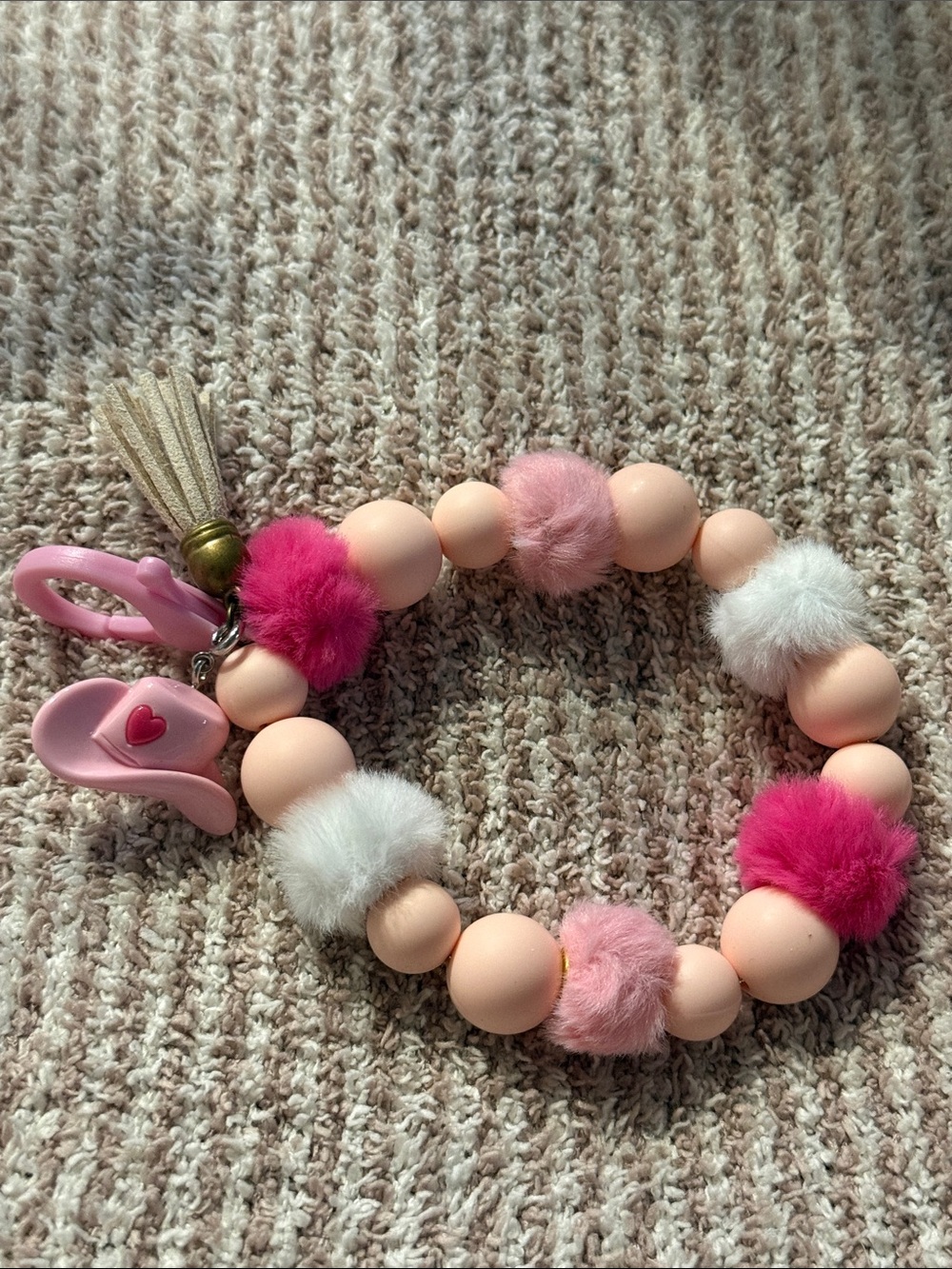 Cowgirl Pink Pom-Pom Beaded Wrist Keychain